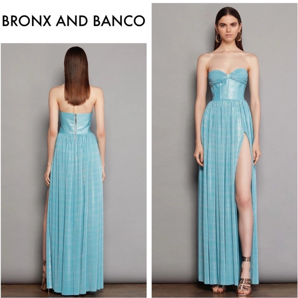 Bronx and Banco Strapless Metallic Blue Gown